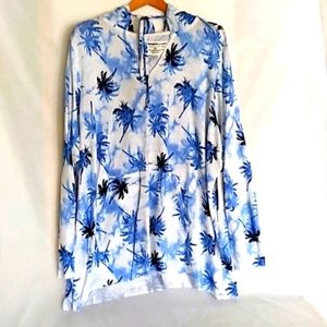 The Sweatshirt Project White Blue Palms Print Pullover Hoodie Plus 3X Pocket